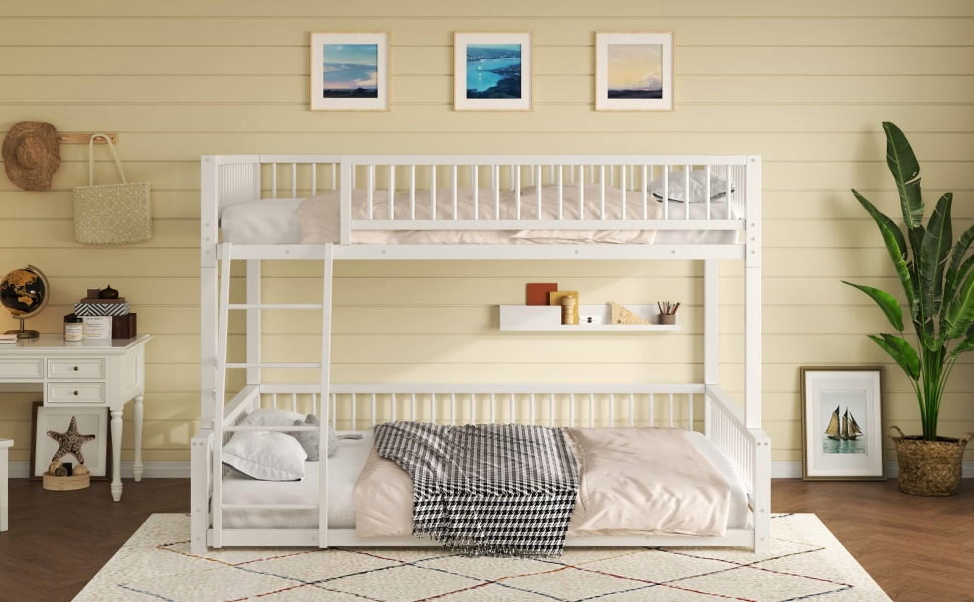 Full XL over Queen Floor Bunk Bed Frame with Ladder and Safety Guardrails, Easy Assemble, White