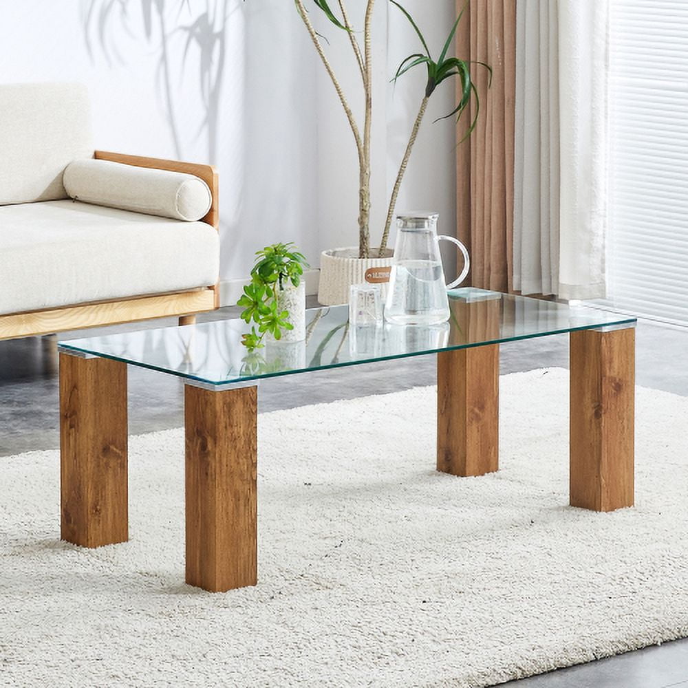 BSHTI Glass-Top Coffee Table,tea table, with MDF Legs - Stylish Blend of Elegance and Durability 44.9"*21.7"*16.9"