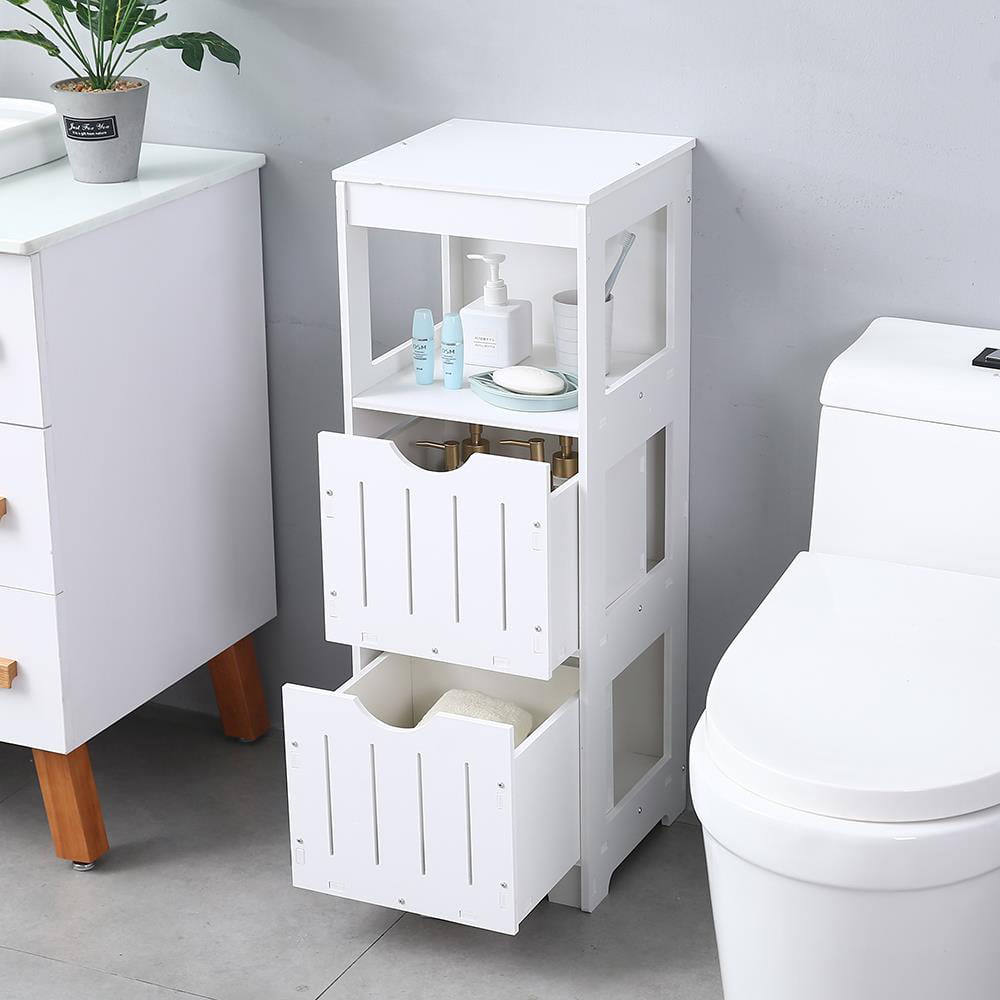 New Bathroom Floor Cabinet Storage Toilet Bath Organizer Drawer Shelf Wood White 
