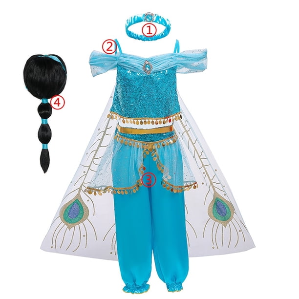 Disney Jasmine Dress Aladdin Princess Magic Lamp Girls Birthday Party Cosplay Costume Top+Pant+Headband Carnival Clothes Vestido11-12T(Size160) Gao Jinjia LED