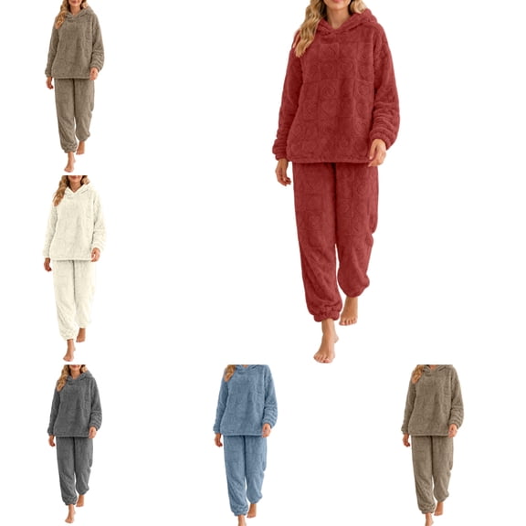 FAHUOMU Women's Fleece Pajama Set Hooded Long Sleeve Pullover Pjs Loose Fit Warm Cozy Winter Sleepwear