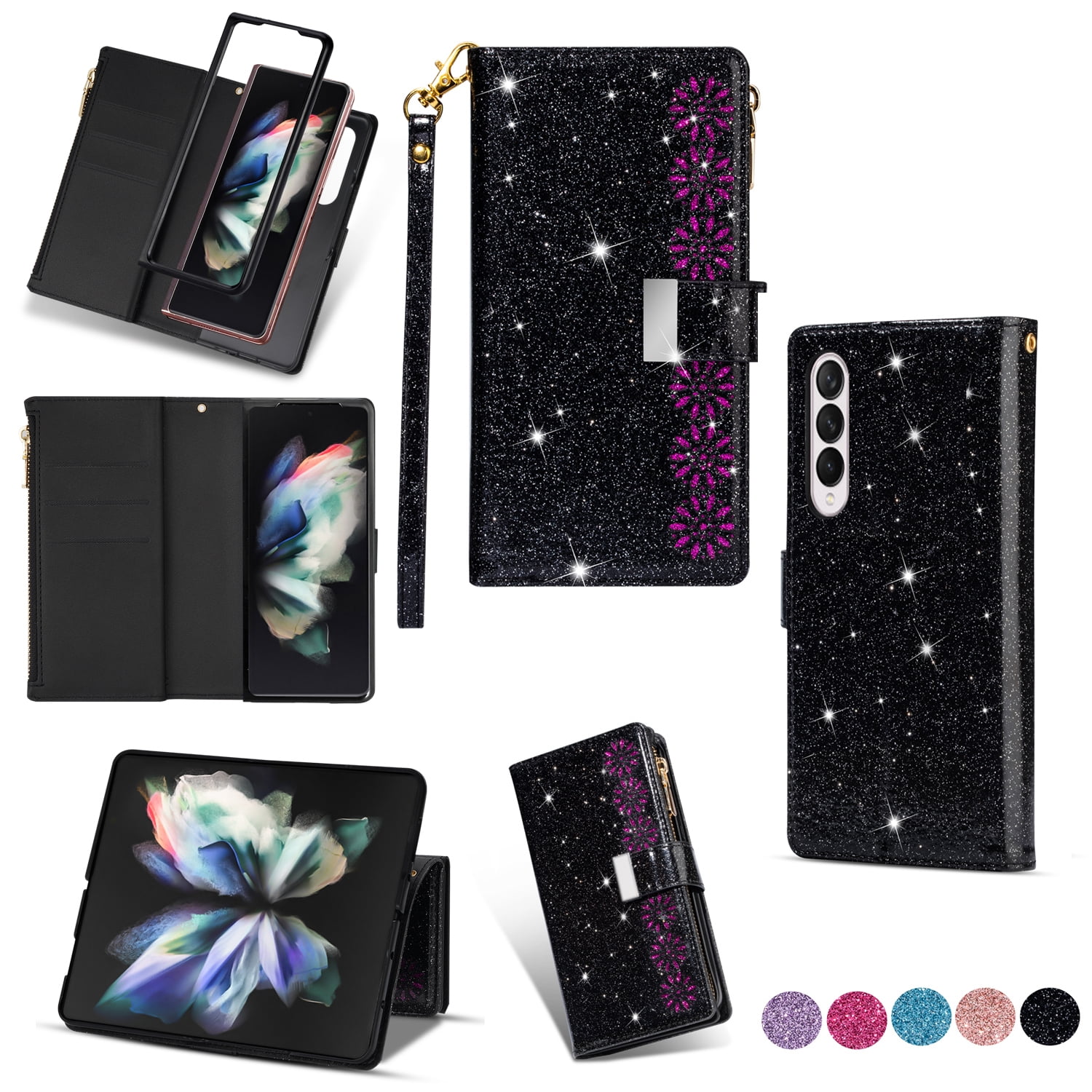 UUCOVERS for Samsung Galaxy Z Fold 3 5G Case (2021) 7.6" Luxury PU Leather  TPU Bling Glitter Laser [Zipper Wallet] Magnetic Purse Clutch Folio Cover  with Stand/Wrist Strap/9 Card Slots Holder, Black -