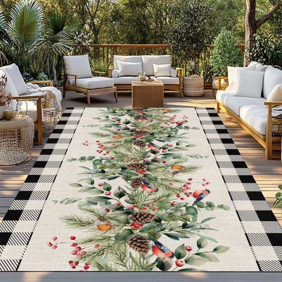 Outdoor Rug, Christmas Pinecone Eucalyptus Leaves Indoor Area Rug Outdoor Carpet RV Camping Rugs 3x5ft Black Buffalo Plaid Outside Mat for Patio Picnic Porch Deck Balcony Backyard