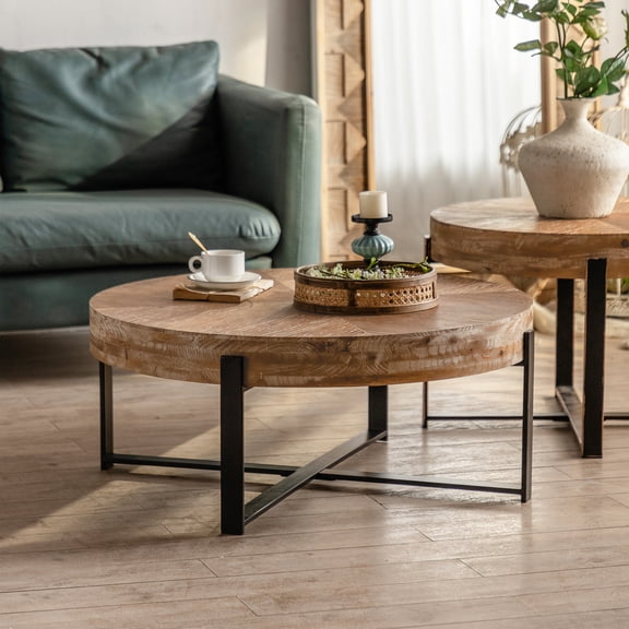 Round Wood Coffee Table, Mid Century Modern Farmhouse Style, Gold Metal Legs, Elegant Living Room Furniture,Black