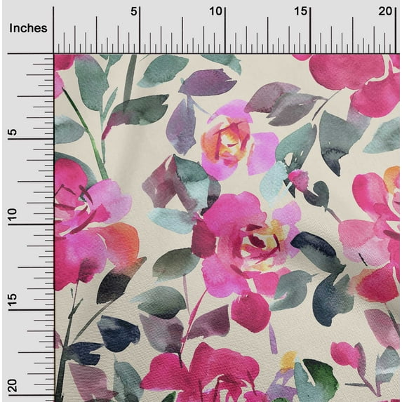 oneOone Cotton Cambric Beige Fabric Leaves & Rose Floral Craft Projects Decor Fabric Printed By The Yard 56 Inch Wide