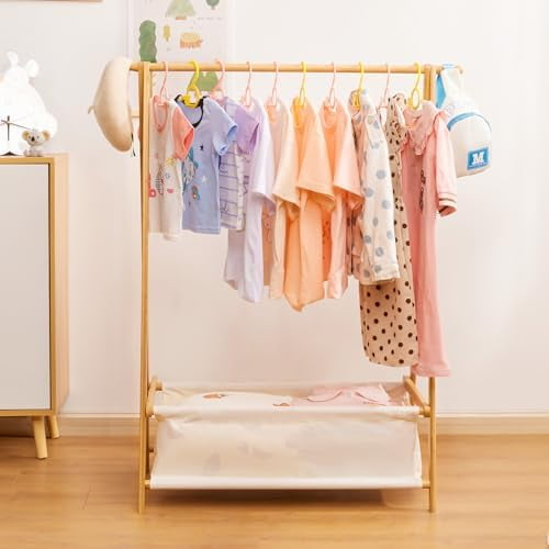 Kids Clothing Rack with Storage Box, Dress up Holder, Child Garment Stand with Hanging Rods, Small and Foldable, Bamboo (Natural)