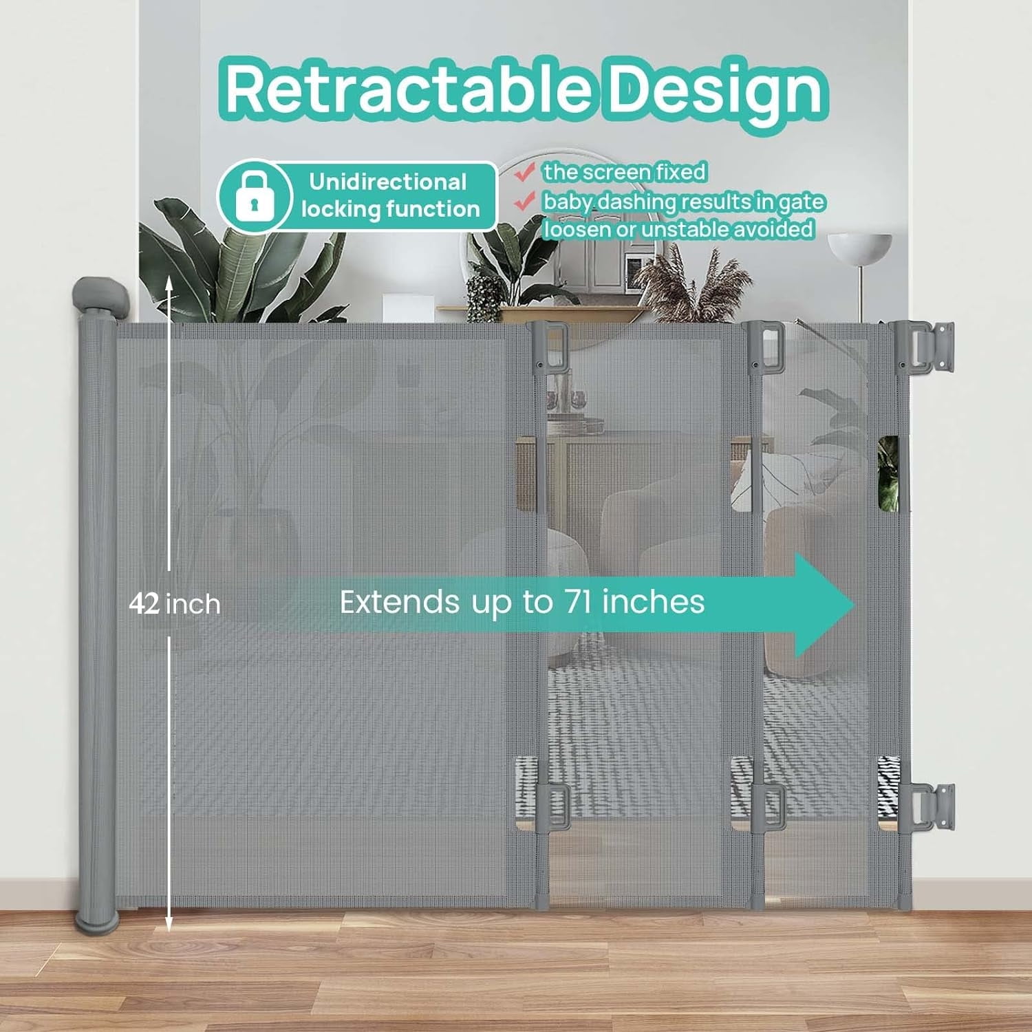 70 Inch Baby Gate Retractable Baby Gate 6ft Wide, 42in Tall With - Main Image