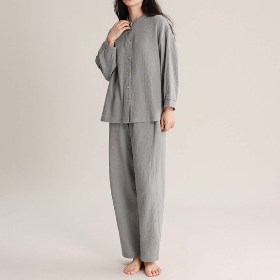 Dxzfnsa Pajama Sets for Women Womens Casual Soft Solid Color Cotton Sleepwear Button Long Sleeve Crew Neck Cardigans Long Straight Leg Pants Pajamas Suit Sets