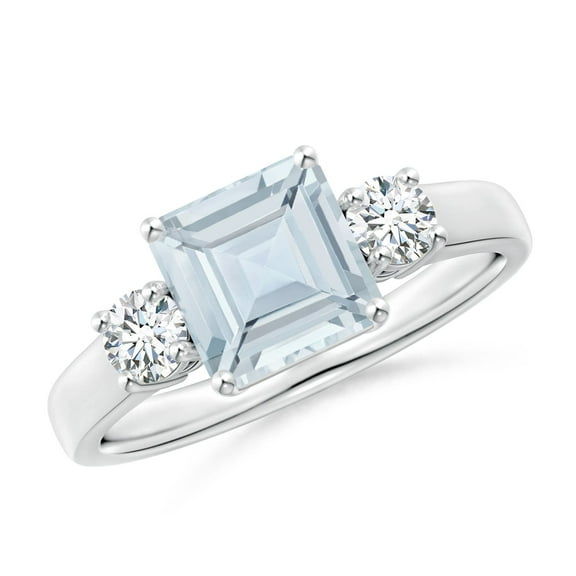 ANGARA Natural Square 1.35 ct Aquamarine and Diamond Three Stone Ring in 14K White Gold for Women (Size-7mm) | March Birthstone, Anniversary, Jewelry Gift for Women | Natural Aquamarine Ring