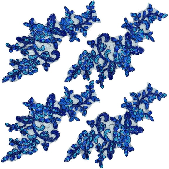 4PCS Sequin Embroidered Lace Patches Leaf Flowers Lace Applique Sewing Floral Fabric Craft Decoration Patches for DIY Clothes Dress Pants Sewing Wedding (Dark Blue) colorful