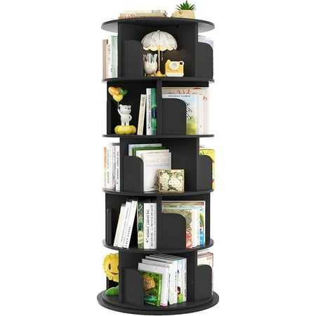 Homieasy Rotating Bookshelf, 360 Display Wood Spinning Bookshelf Tower, 5 Tier Floor Standing Bookcase Storage Rack, Revolving Bookcase Corner Bookshelf for Small Space, Black