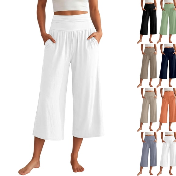 Linen Capri Pants for Women Plus Size Loose Wide Leg Cotton Gaucho Pants Elastic Waist Tall Flowy Dressy Trouser White L