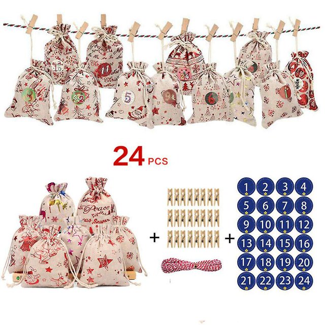 Calendario De Adviento Para Rellenar, Calendario Navideño De 10 X 14 Cm Bolsa De Tela Para Llenar, 24 Bolsas De Regalo Cadena Para Llenar Y Colgar, Bolsa De Yute, Ba De Yute