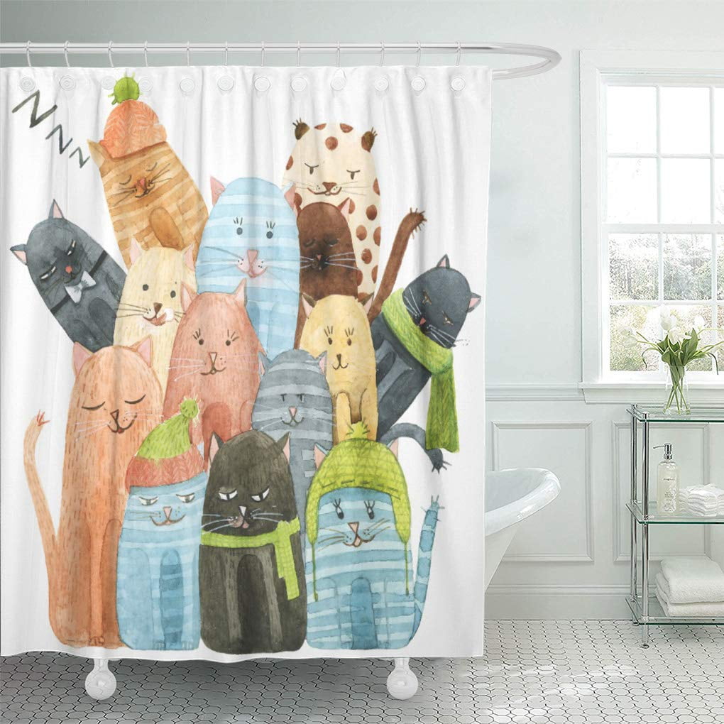 Yusdecor Funny Cute Cats Watercolor Winter Hand Sweet Kids Bathroom Decor Bath Shower Curtain 66x72 Inch Walmart Canada