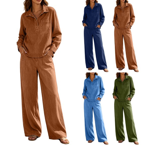 Womens Fall/Winter Sets Collar Half Zip Denim Shirt Wide Leg Pants 2 Piece Outfit Casual Loose Jean Tracksuit Set