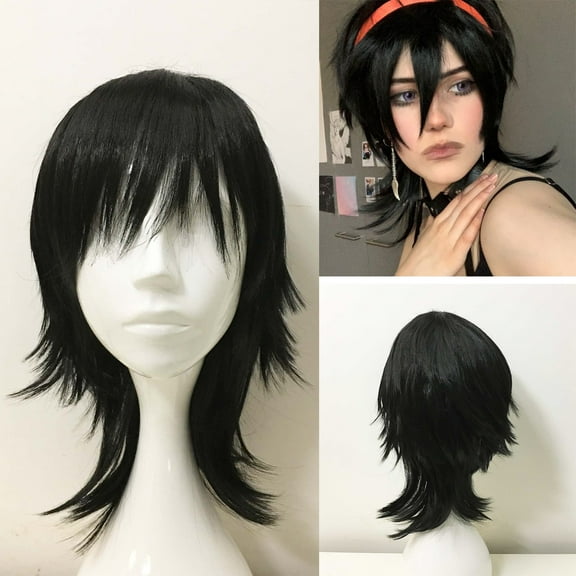 Nevermindyrhead Black Mullet Wig, Medium Straight Layered Wig with Fringe Bangs,Synthetic Cosplay Costume Wig for Men Women