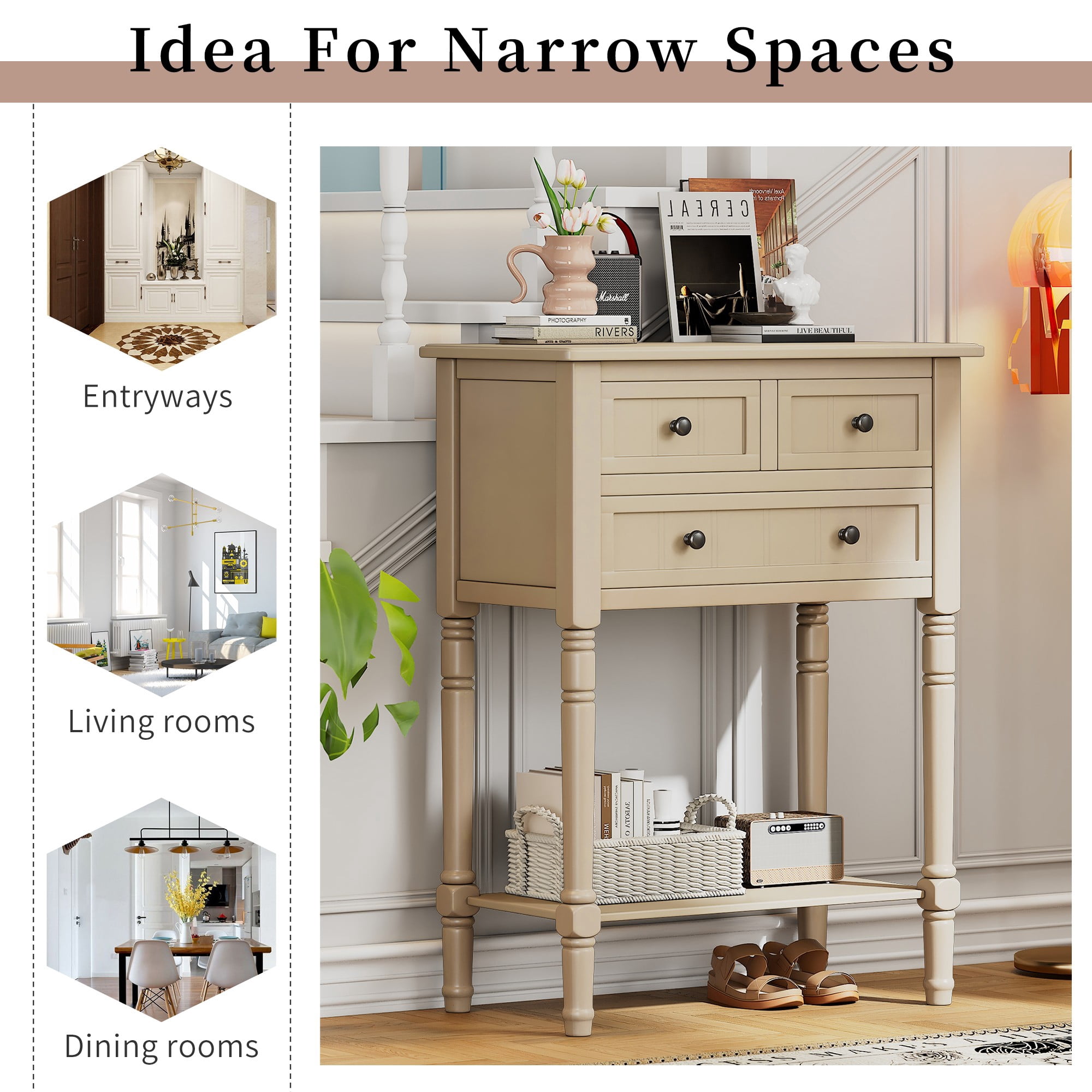 Console Table with 3 Drawers,Narrow Sofa Table with Storage Shelf,Entryway Table for Hallway,Living Room,Beige