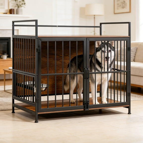 Nygira 41 Inch Dog Crate Furniture with 360° Rotatable Bowls, Wooden Kennel with Double Doors for Large Dogs, Indoor Pet House End Table, Rustic Brown