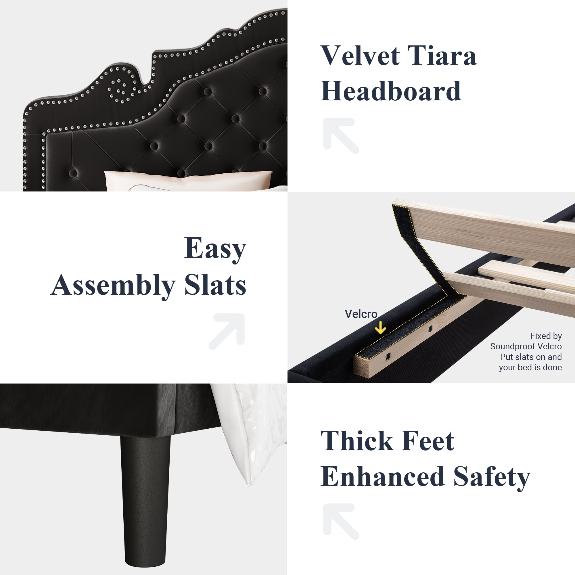 Allewie Queen Size Platform Bed Frame with Velvet Tiara Upholstered Diamond Button Tufted Headboard, Black