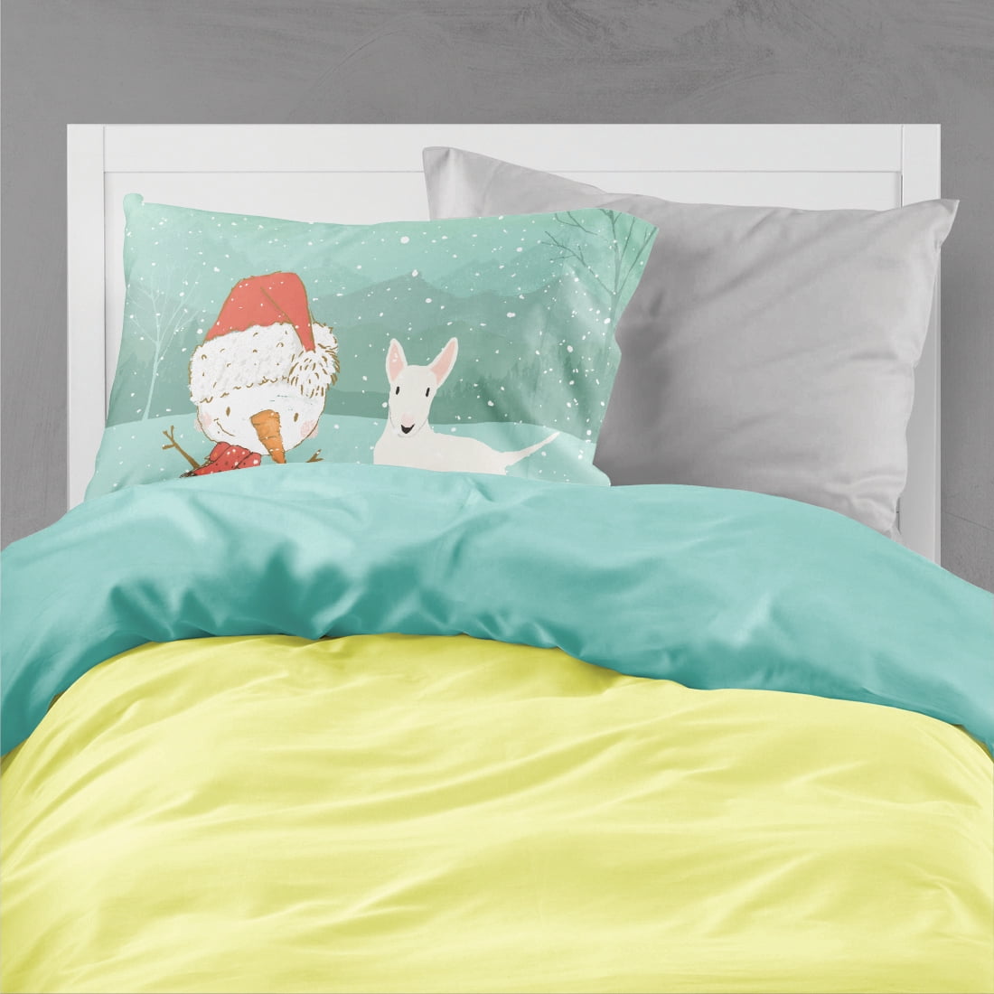 White Bull Terrier Snowman Christmas Fabric Standard Pillowcase