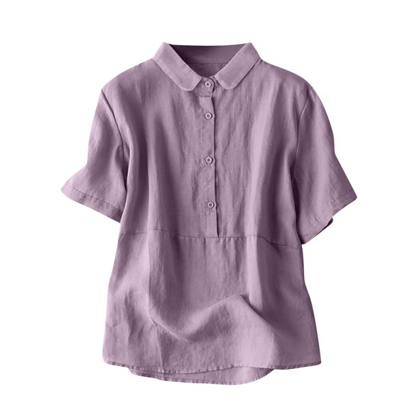 Vestidos Casuales Para Mujer, Blusas De Mujer De Moda Blusa informal de lino de manga corta con botones y solapa de color liso para mujer