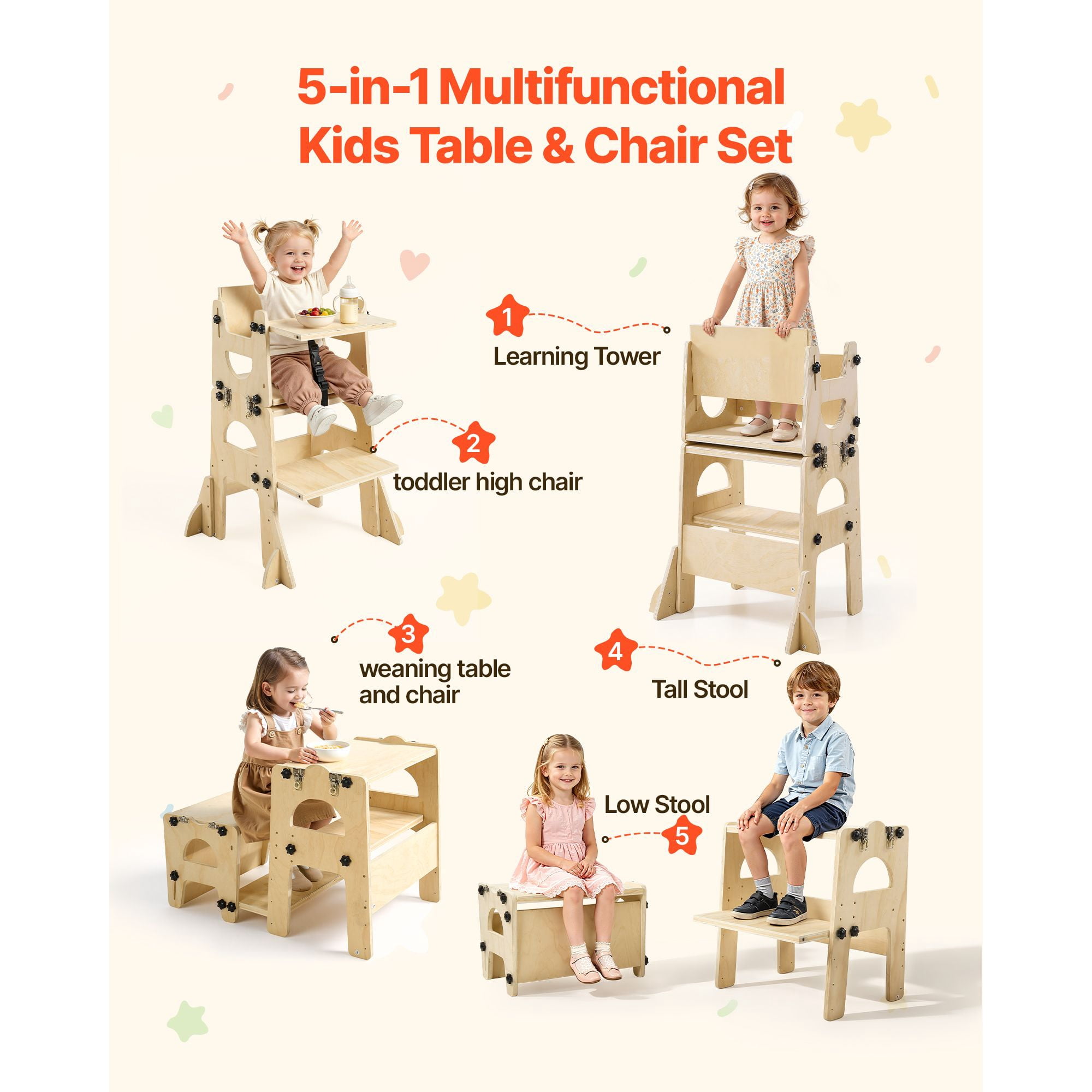 Toddler Tower, Wooden, Adjustable Kitchen Step Stool for Kids 1-5, Montessori Weaning Table and Chair Set, Learning Standing Tower with Chalkboard, Backrest, for Bathroom and Kitchen Counter
