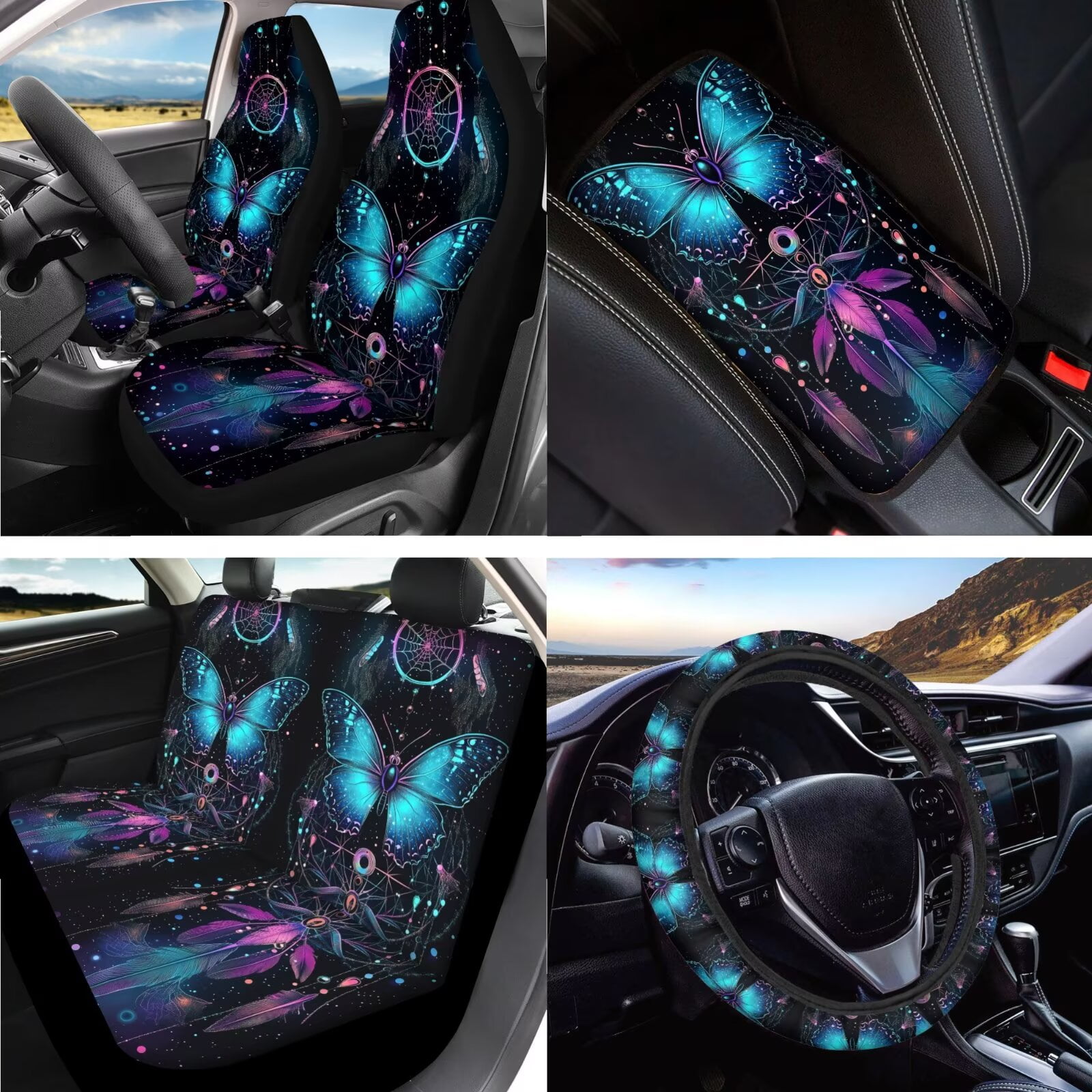 LedBack Butterfly Printed Auto Seat Protector Dreamcatcher Printed Car Seat Cover Full Set Steering Wheel Covers Seat Belt Strap Cover Car Headrest Covers Auto Accessories for Men Women, 15 Pcs