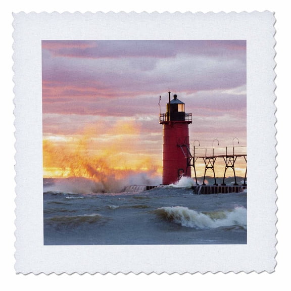 3dRose, South Haven Lighthouse at sunset, South Haven, Michigan., 10x10 inch quilt square