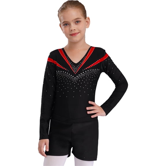 Aislor Kids Girls Shiny Beads Long Sleeve V Neck Gymnastic Leotard Dance Yoga Bodysuit with Shorts Red 10