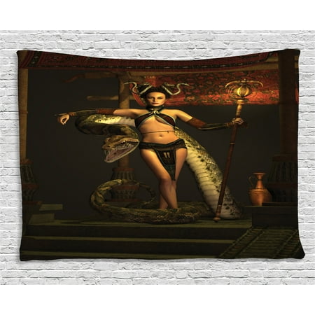 Fantasy Tapestry, Beauty with Scepter on Stairs Leaning on Pyton Baldachin and Warp and Weft Carpet, Wall Hanging for Bedroom Living Room Dorm Decor, 60W X 40L Inches, Multicolor, by
