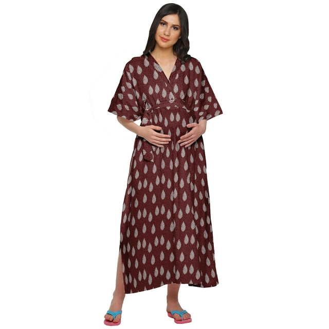 Moomaya Robe Maxi Kaftan de Maternité Longue pour Femmes à Manches Kimono Boutonnée