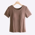 thumbnail image 5 of Chuancc Women Built-in Bra T Shirt Top Short Sleeve Crew Neck Basic Tees Casual Ribbed Knit Fitted Going Out Tops Coffee L, 5 of 9