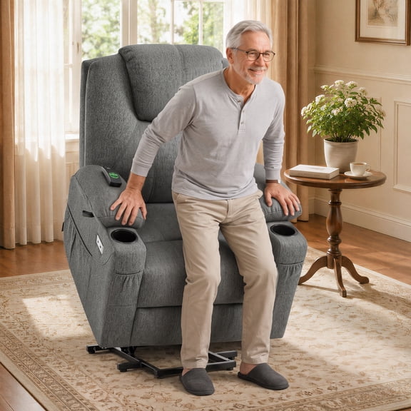 MCombo Electric Power Lift Recliner Chair with Massage and Heat for Elderly, 3 Positions, 2 Side Pockets, and Cup Holders, USB Ports, Fabric 7040 Dark Gray