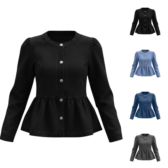 TGSLY Women's Peplum Denim Jacket Lightweight Button Down Long Sleeve Jean Coat Slim Dressy Casual Solid Color Fall Cardigan Outerwear M
