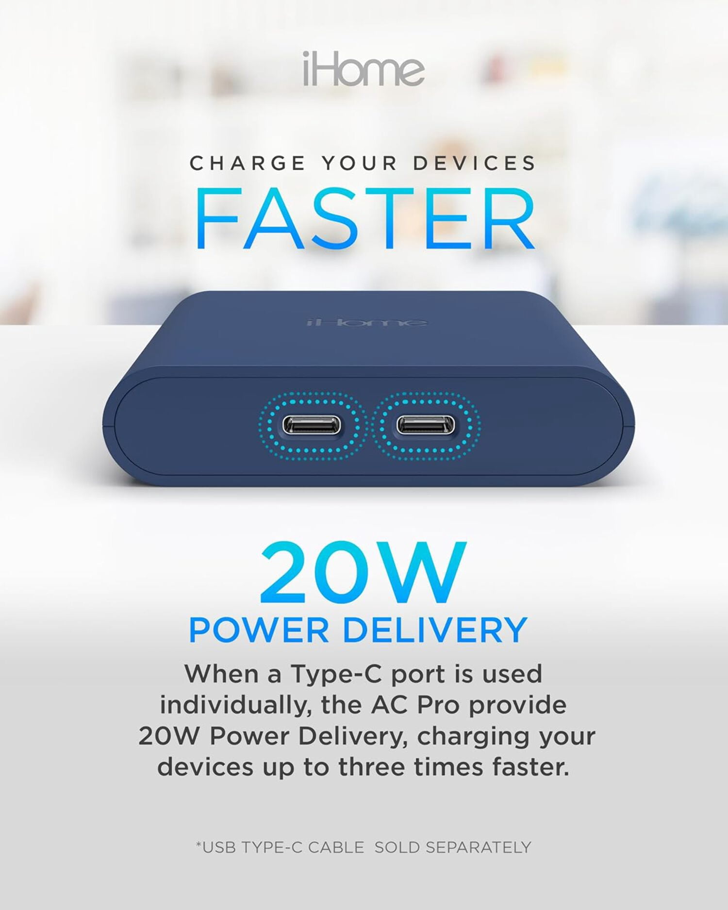 iHome 40W USB-C Multiport Wall Charger, 2-Port AC Adapter, Dual Fast Charging