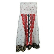 Mogul Womens White Silk Sari Dress Two Layer Printed Recycled Vintage Boho Gypsy Hippie Maxi Skirts