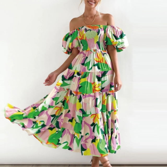 Fashion Puff Sleeve Pleated Beach Dress Sweet Fresh Summer Loose Women Long Dresses Sexy Hollow Off Shoulder Printed Bohe DressL Gao Jinjia LED
