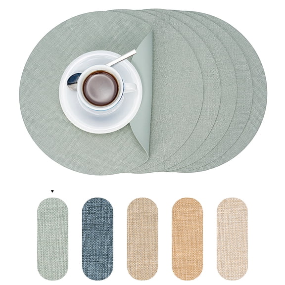 PROMATTOO Round Placemats Set of 6,Faux Leather Heat Resistant Non Slip Table Mats,Sage Green
