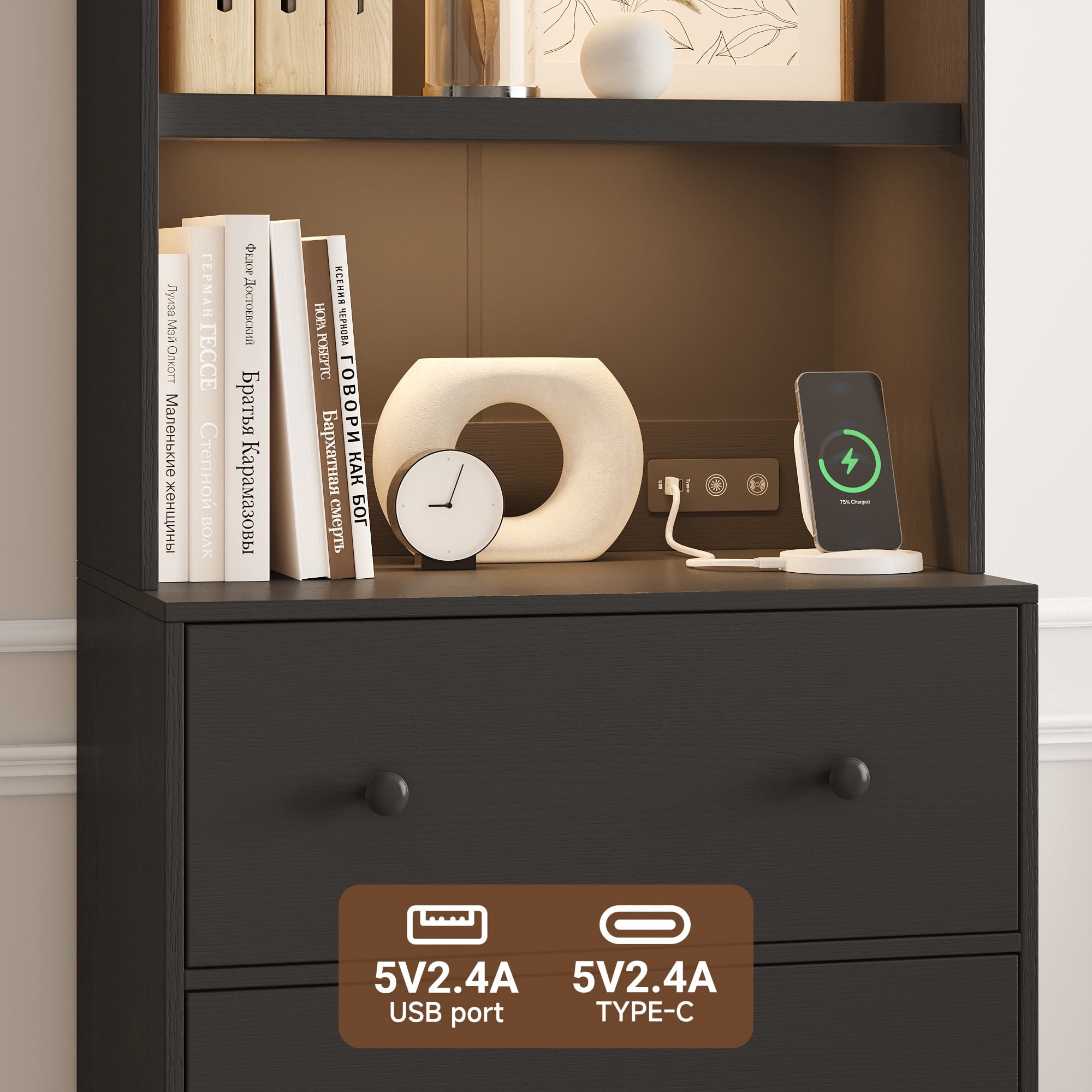 NEGYLIM 2PCS 71" Tall Bookcase with Sensor Lights, Black Bookshelf with Charging Station, Bookshelves with 3 Large Drawers for Living Room Home Office