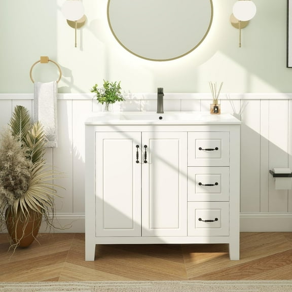 FULLWATT 36" Bathroom Vanity with Sink Combo, Single Sink Bathroom Vanity with 3 Drawers and 2 Soft Close Doors, Freestanding Bathroom Vanity with Ceramic Sink, White