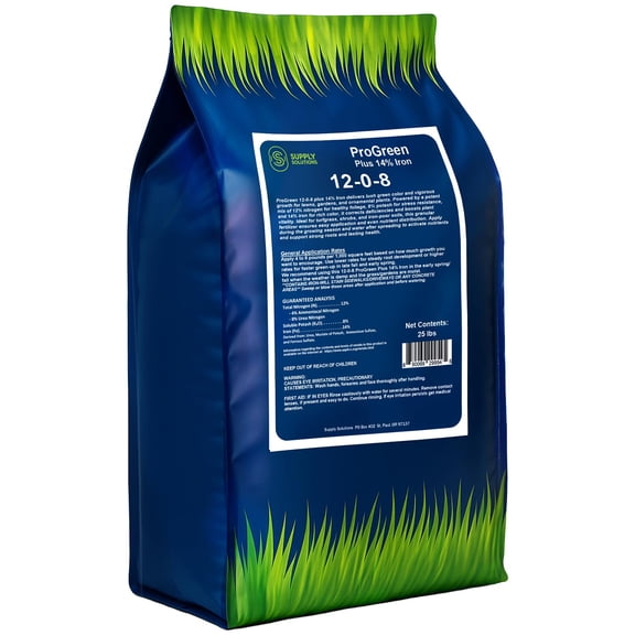 Supply Solutions | ProGreen 12-0-8 Plus 14% Iron | Granular Lawn and Garden Fertilizer - Plant Food Support for Deep Green Color and Stronger Roots - Perfect Spring Boost for Lawns (25 Pounds)