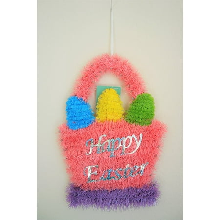 Glitter Happy Easter Pink Basket with Eggs Tinsel Decor Hanging Sign, 13