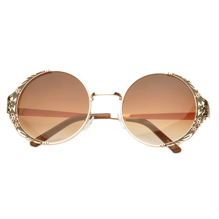 MLC Eyewear Vintage Inspired Floral Flower Emblemed Round Sunglasses Gradient Lens UV400