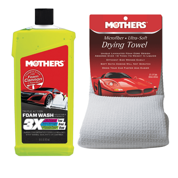 Mothers 05616/155300 Triple Action Foam Wash 16 oz. and Mothers Microfiber Ultra-Soft Drying Towel