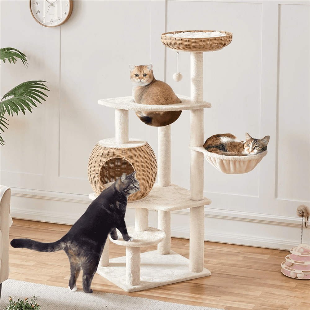 Alden Design 54″ Tall Rattan Cat Tree with Soft Cushion Clear Bowl for Small/Medium Cats, Beige
