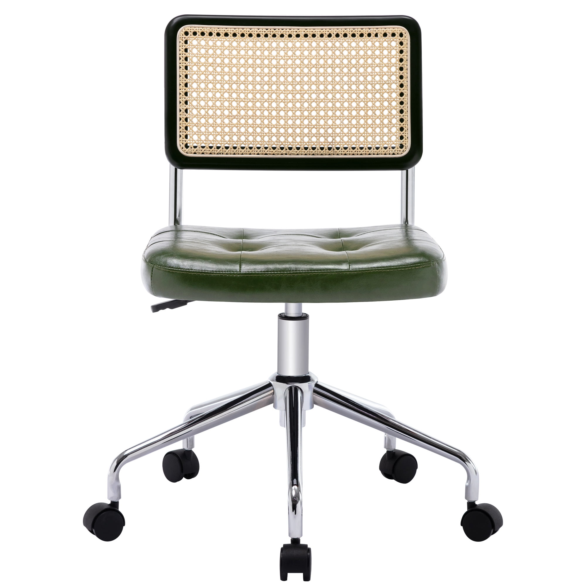 ONEVOG Tufted Leather Desk Chair, Swivel Home Office Chair with Rattan Back, Upholstered Armless Vanity Chair, Adjustable Height Computer Task Chair, Green