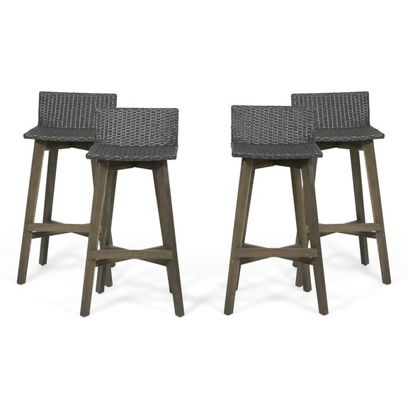 GDF Studio Glory Outdoor Acacia Wood and Wicker 31 Inch Barstools, Set of 4, Gray