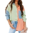 thumbnail image 2 of Women's Summer Blouse Contrast Color Stitching T-Shirts Long Sleeve Lapel Button Closure Tops Loose Versatile Casual Clothes, 2 of 9
