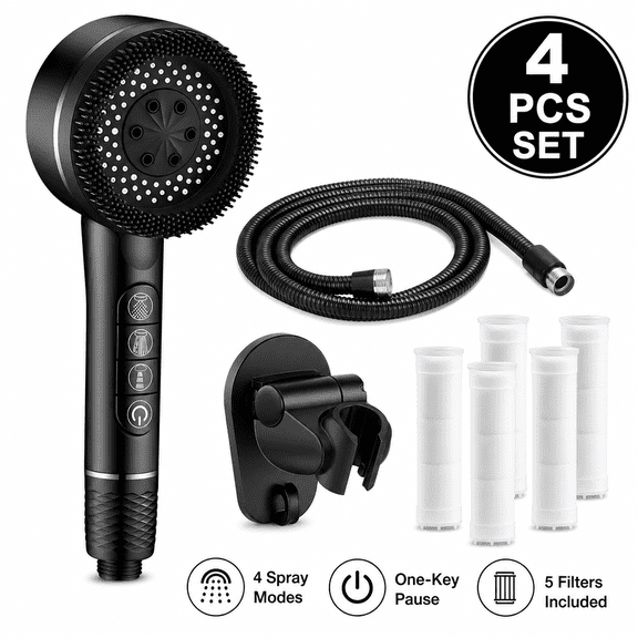4-Piece Filtered High Pressure Shower Head Set with Hose & Bracket, Hard Water Softener (Black)