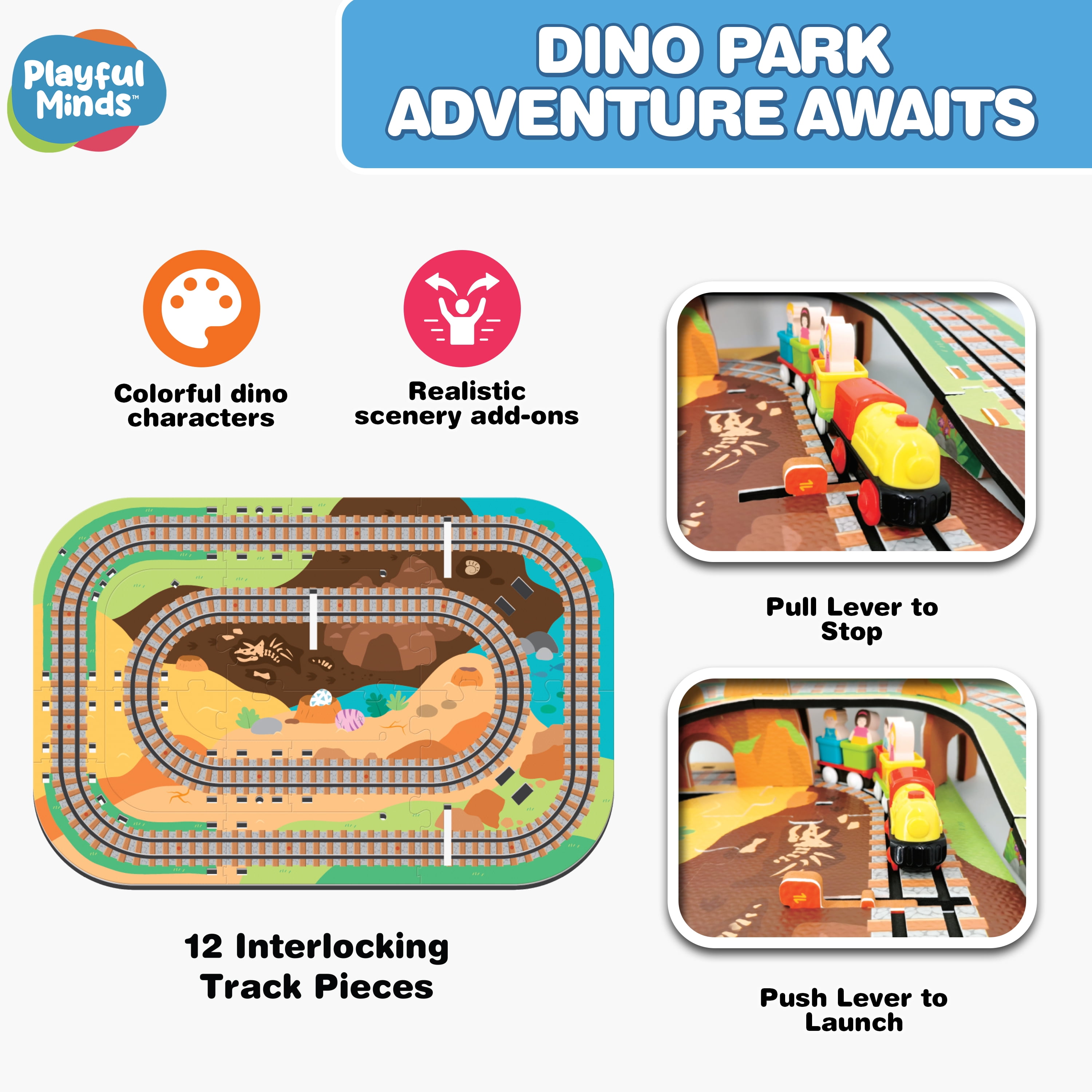 Playful Minds Dino Park Train Puzzle – 60 Pc Foam Track & Motorized Train Set for Kids 3-5
